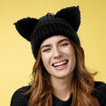 Black chunky knit beanie with cat ears