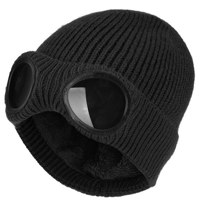 Knit beanie with flip-up goggles on the front