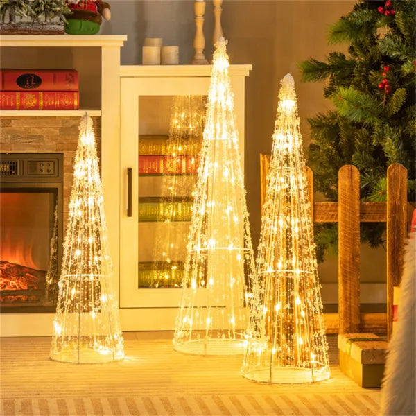 Three lit cone trees with star beads