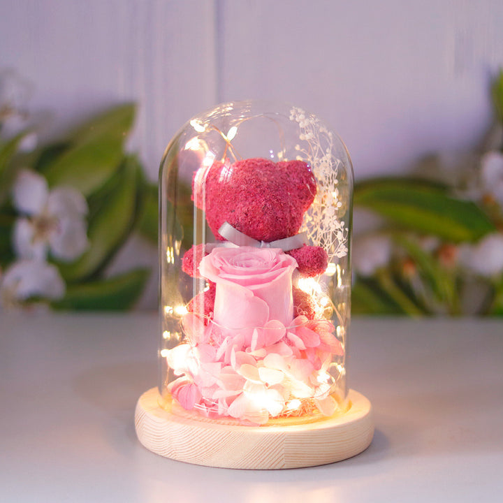 Eternal Preserved Rose Lamp With Teddy Bear And LED Lights