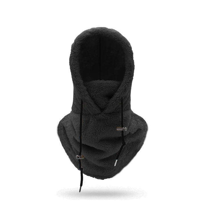 Woman wearing beige plush hood with scarf