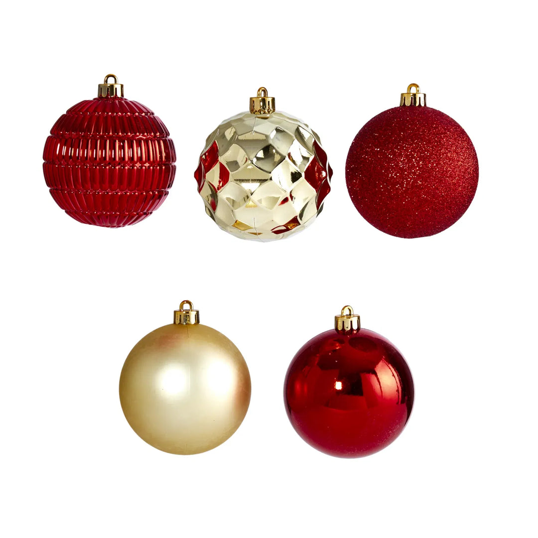 Red and gold shatterproof baubles in box