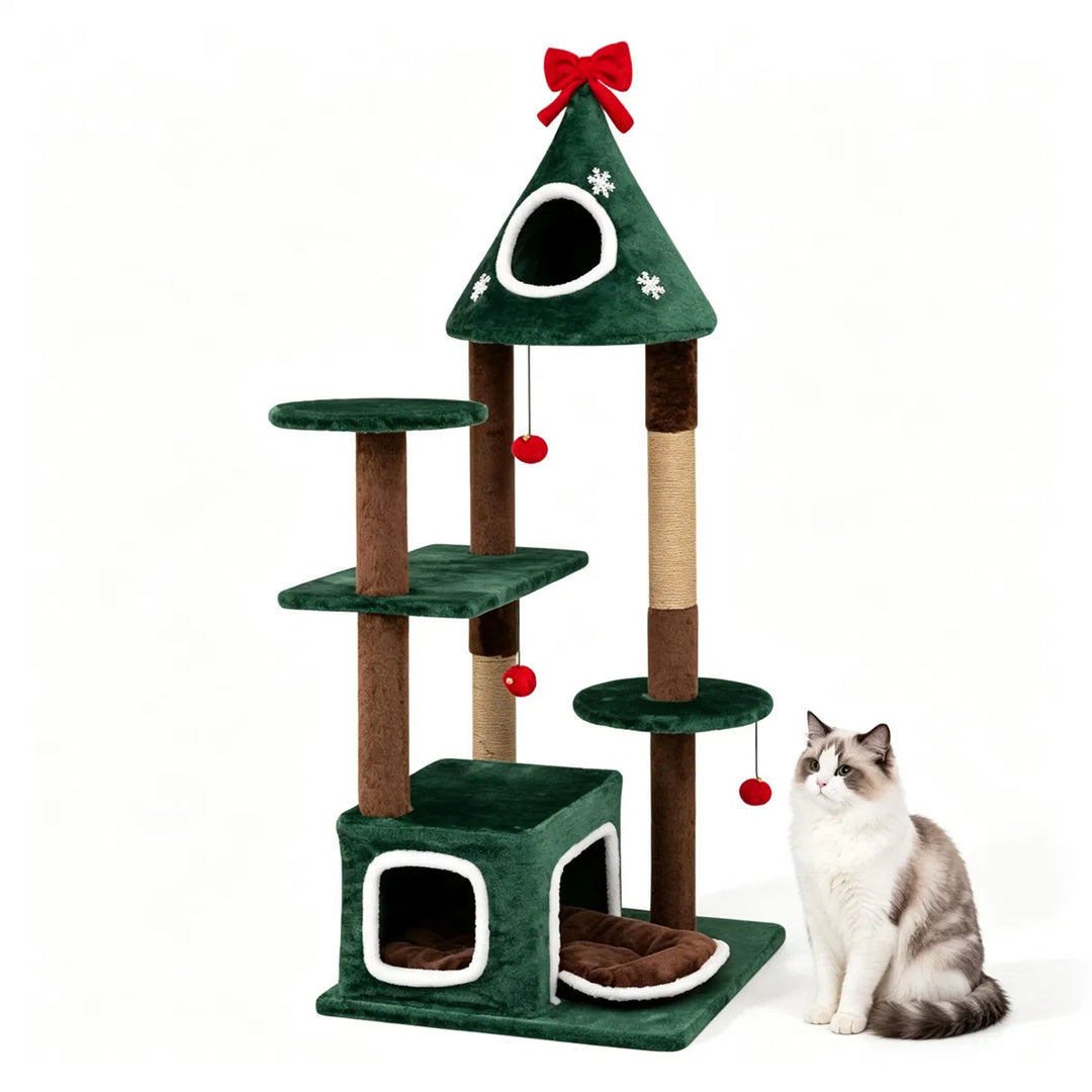 Green Christmas cat tree with bell balls