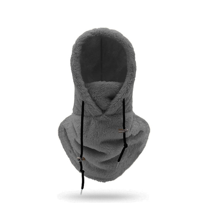 Woman wearing beige plush hood with scarf