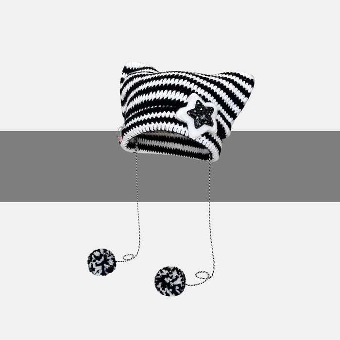Snugleigh Striped Cat Ear Beanie with Star or Pompoms