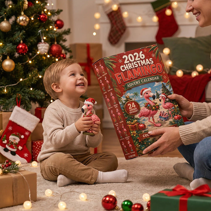 Flamingo advent calendar with festive figures