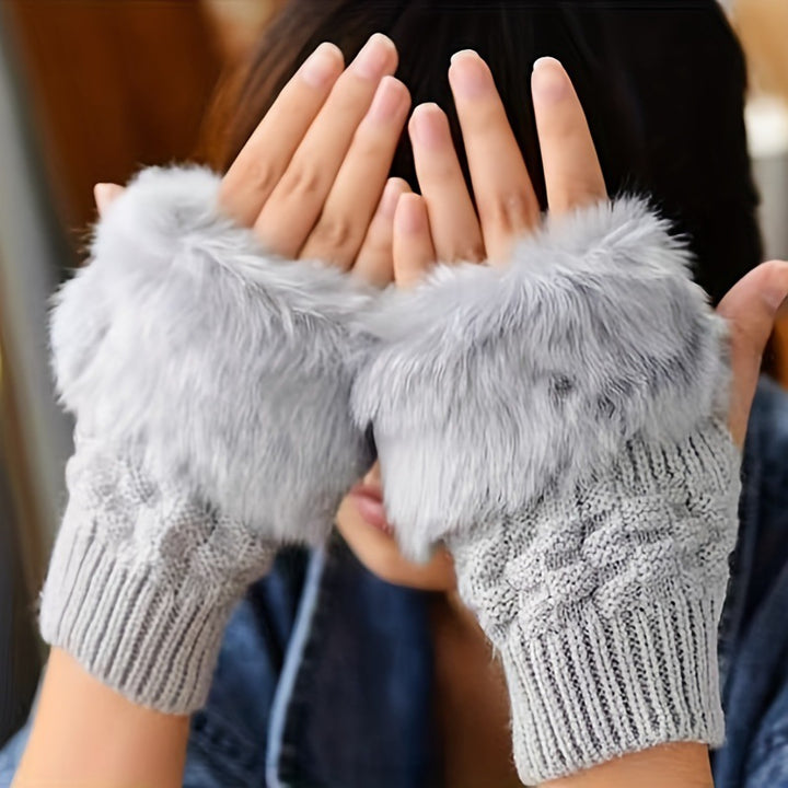 White fingerless knit gloves with fluffy trim