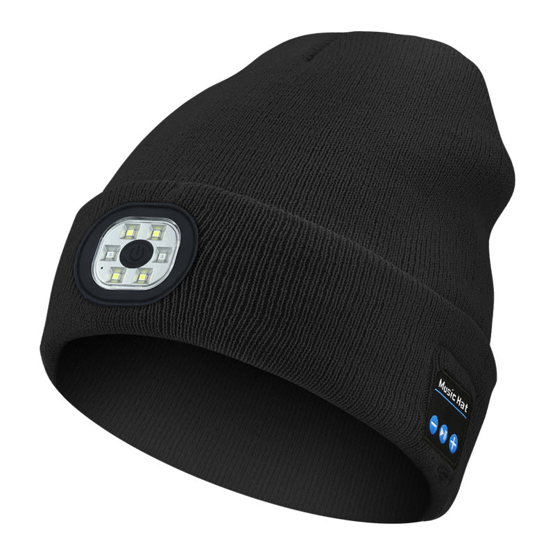 Black knit beanie with front LED light