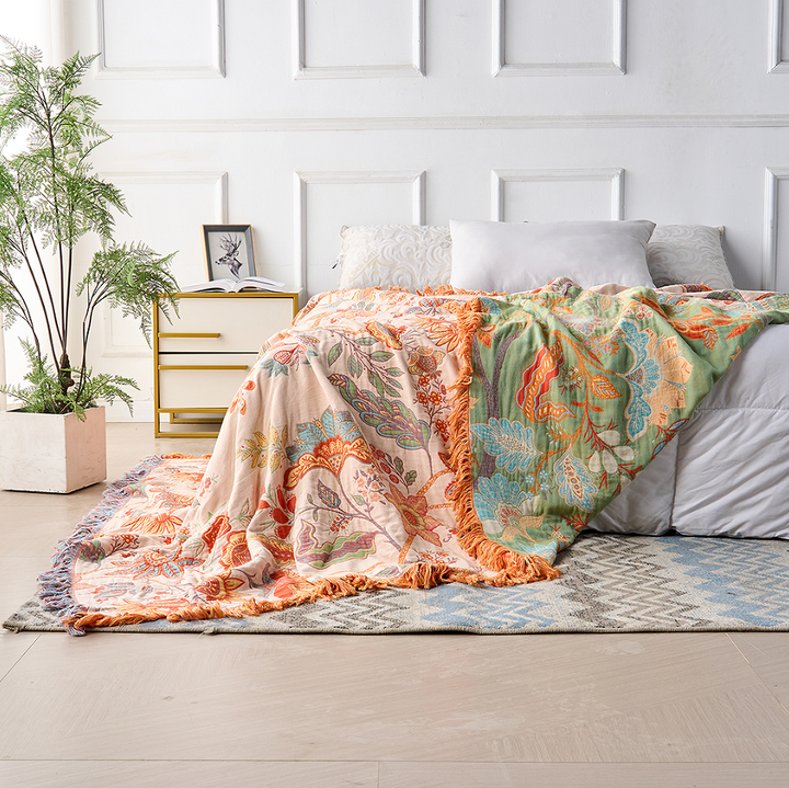 Boho Floral Cotton Throw Blanket with Fringe – Cream &amp; Orange