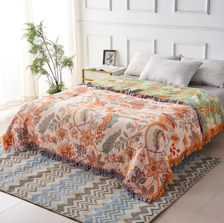 Boho Floral Cotton Throw Blanket with Fringe – Cream &amp; Orange
