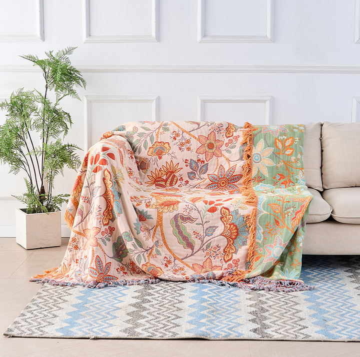 Boho Floral Cotton Throw Blanket with Fringe – Cream &amp; Orange