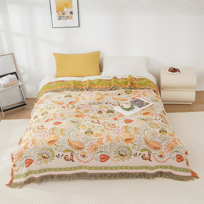 Snugleigh™ Reversible Boho Throw with Tassels and Autumn Leaf Pattern