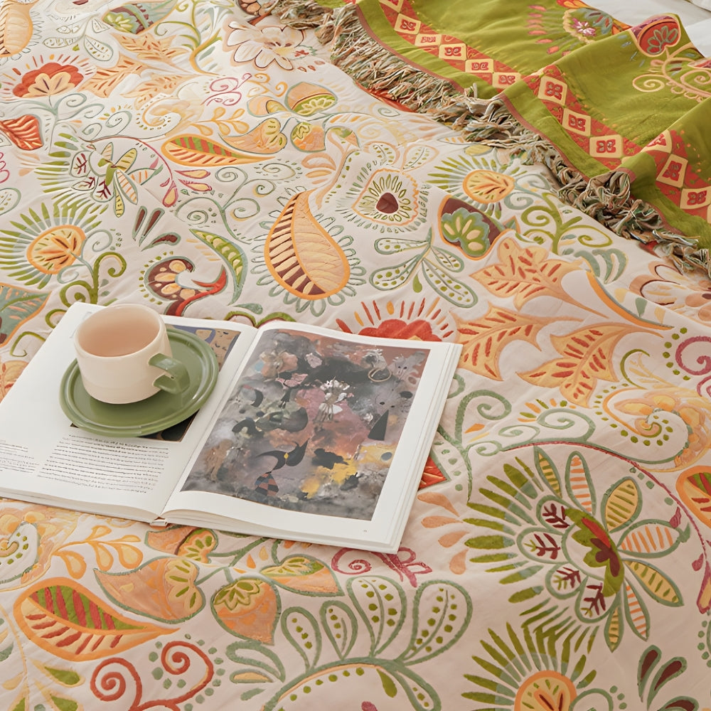Bohemian Reversible Sofa &amp; Bed Throw Vibrant Autumn Leaf Design