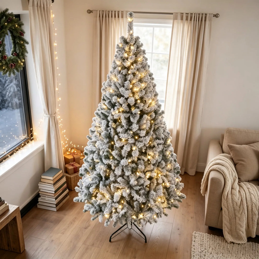Tall flocked fir with warm lights