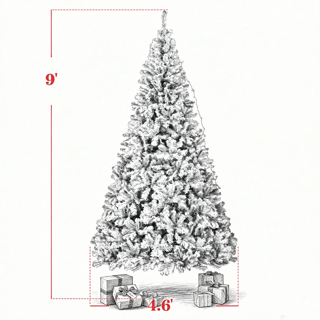 Huge flocked Fraser fir with warm lights