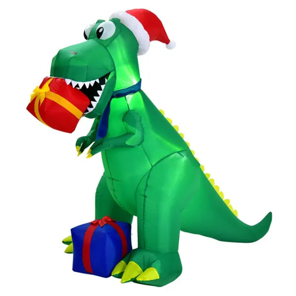 Inflatable T-rex in a Santa hat