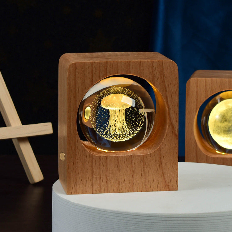 3D Crystal Ball Night Light – Laser-Engraved on Beech Base