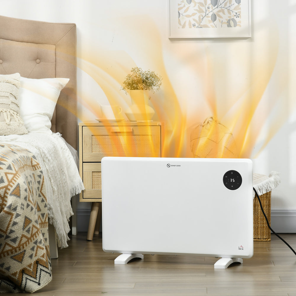 white slim panel heater on feet with LED display