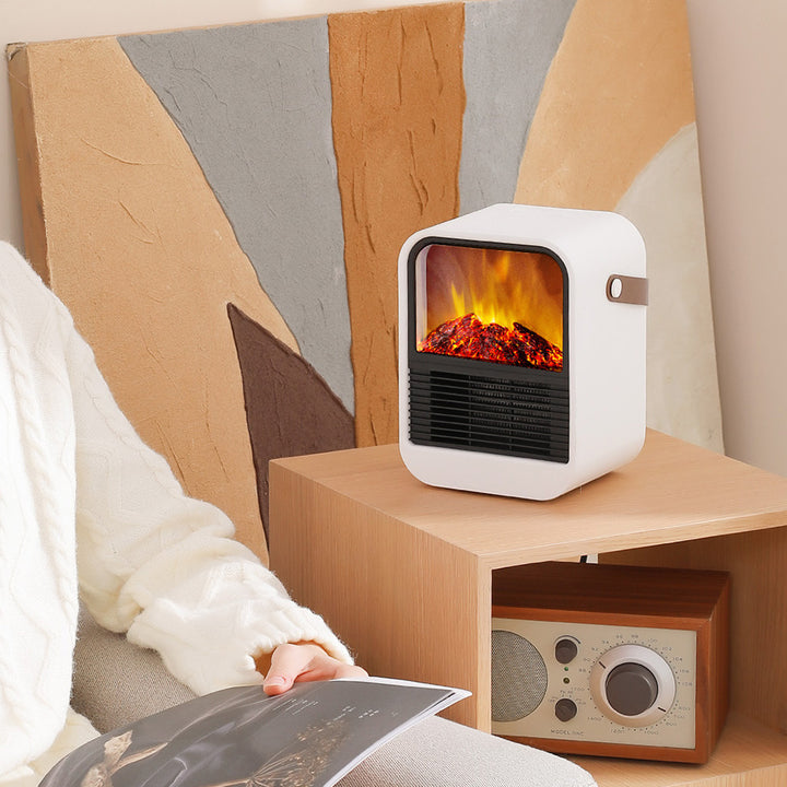 White portable heater with flame effect front