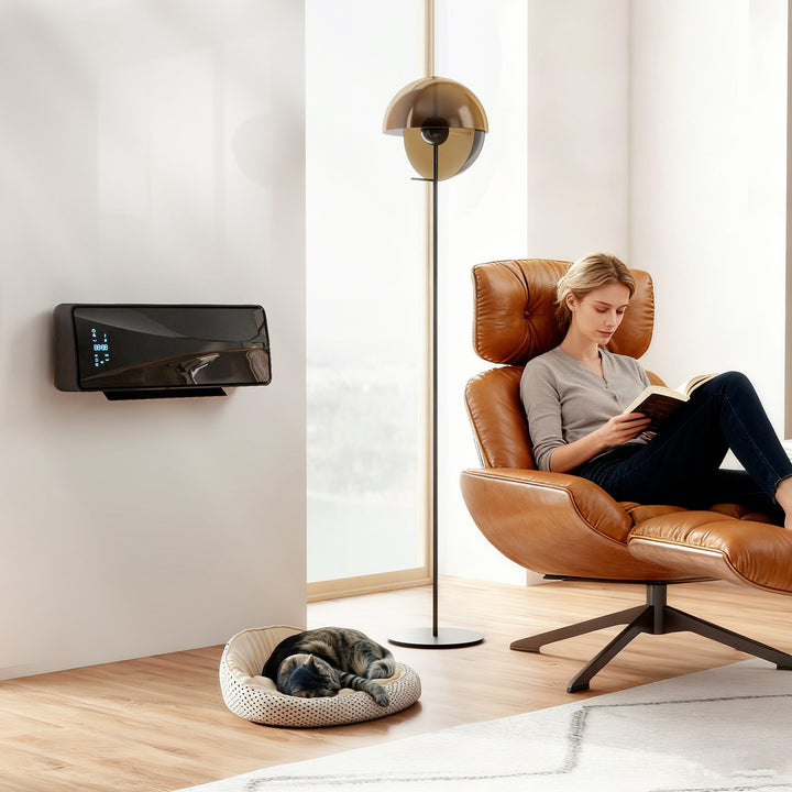 black wall-mounted ceramic fan heater with remote