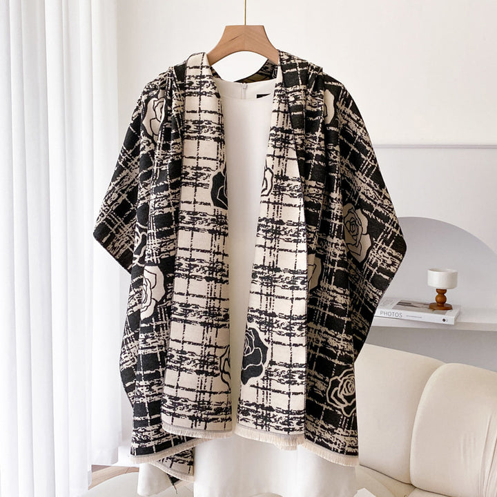 Wine red double sided plaid shawl with roses