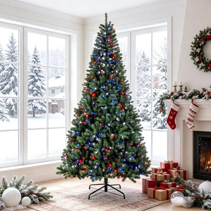 Tall pre-lit fir with colourful lights
