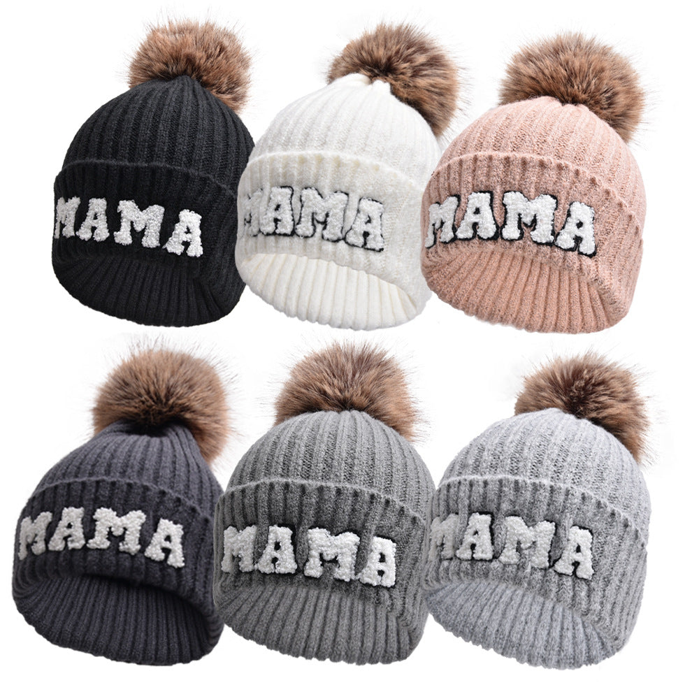Pink MAMA and MINI beanies with pompoms