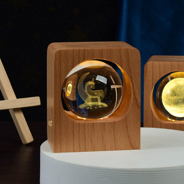 3D Crystal Ball Night Light – Laser-Engraved on Beech Base