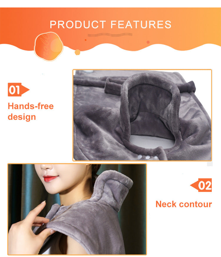 Grey heated flannel shawl over shoulders