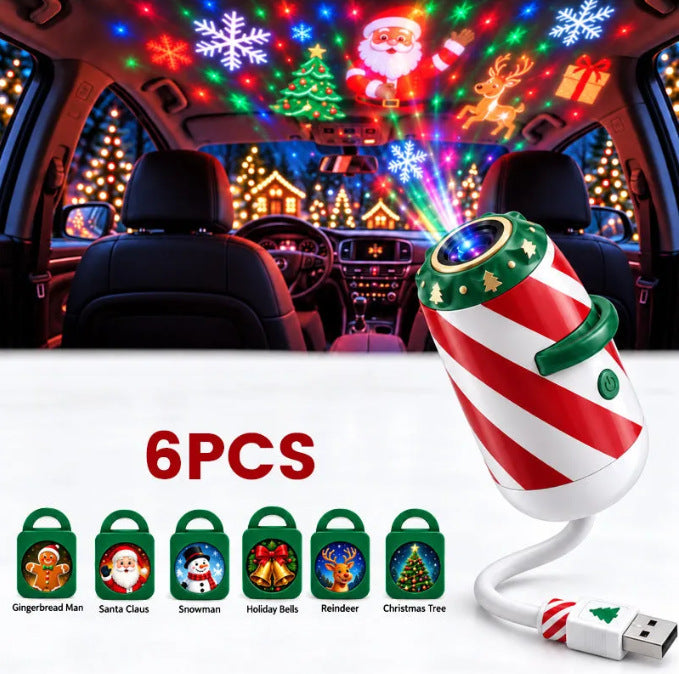 Candy-cane projector lighting car roof with Santa