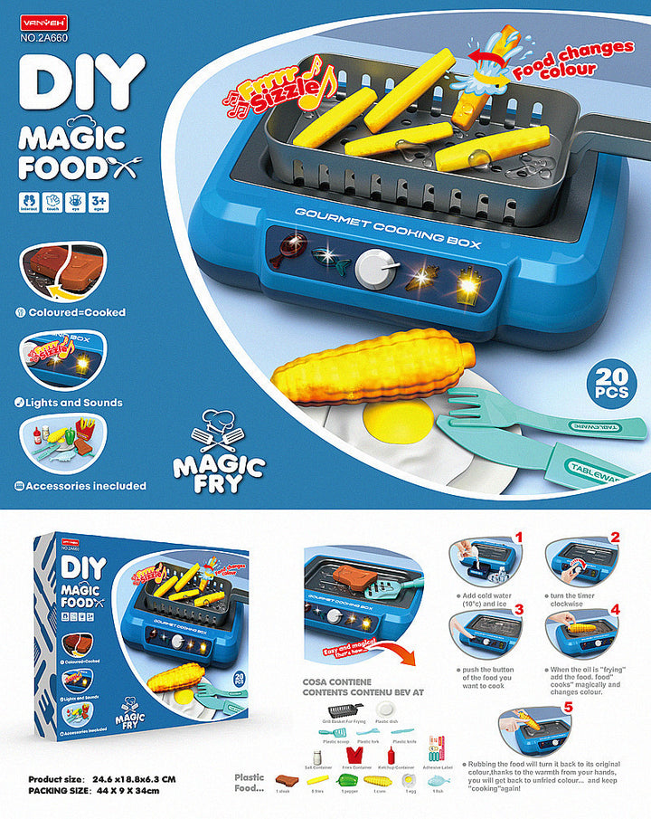 Toy kitchen hob with play food and utensils