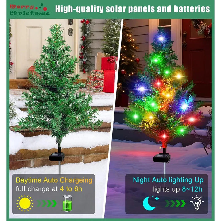 Four solar mini Christmas trees lit on lawn