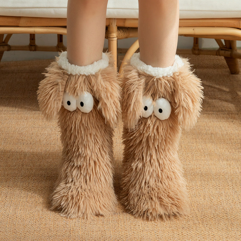 Fluffy snow socks with cartoon eyes