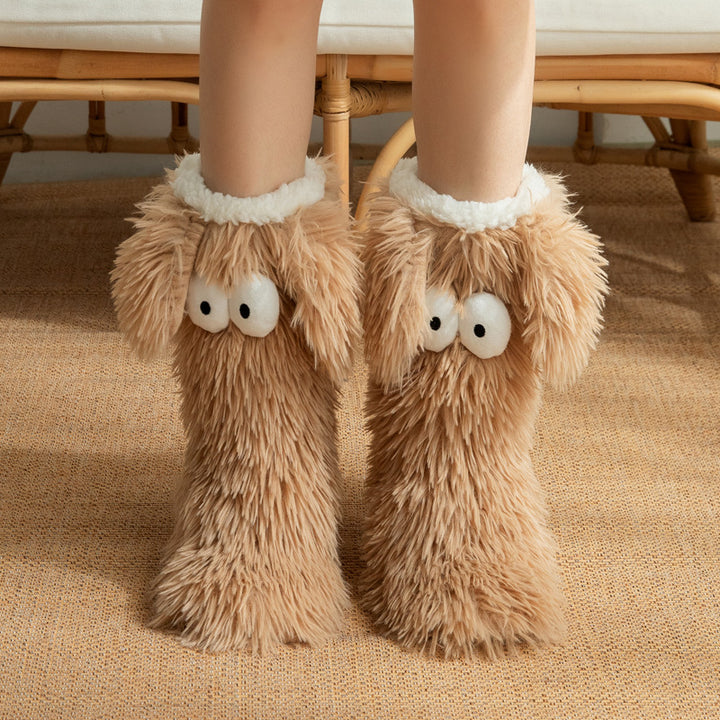 Fluffy snow socks with cartoon eyes