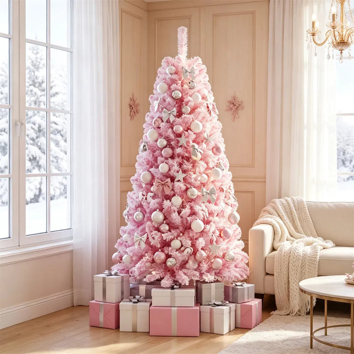 Pink flocked Christmas tree with lights