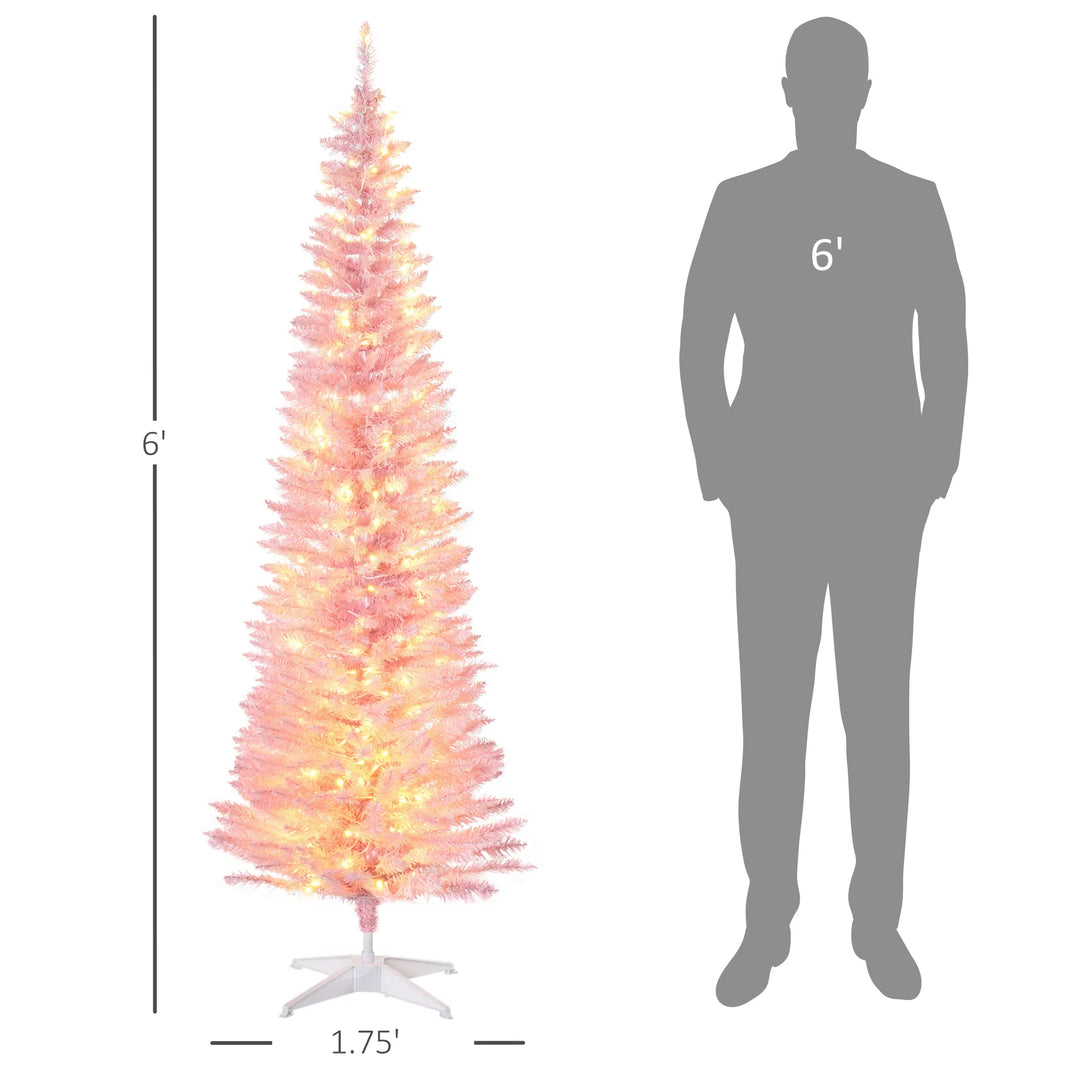 Pink pencil tree with bright warm lights