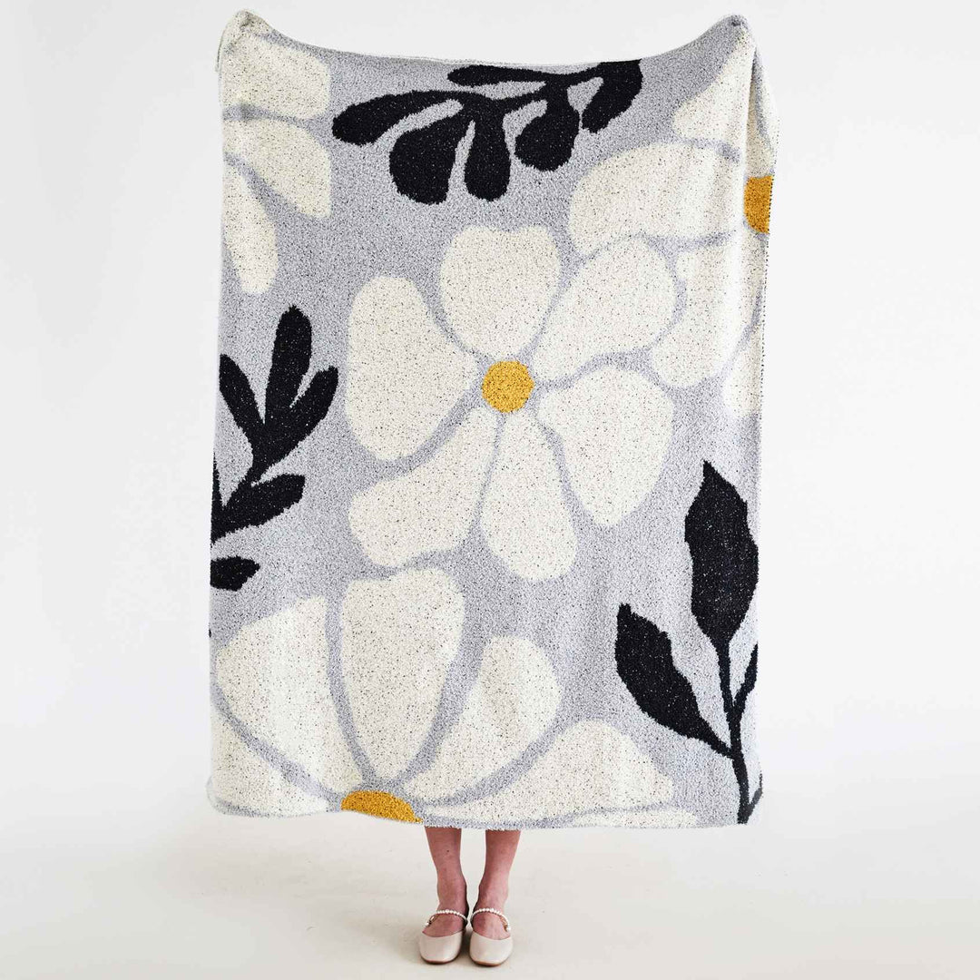 Boho Floral Leaves Microfibre Knitted Throw Blanket - Soft, Cosy, and Decorative