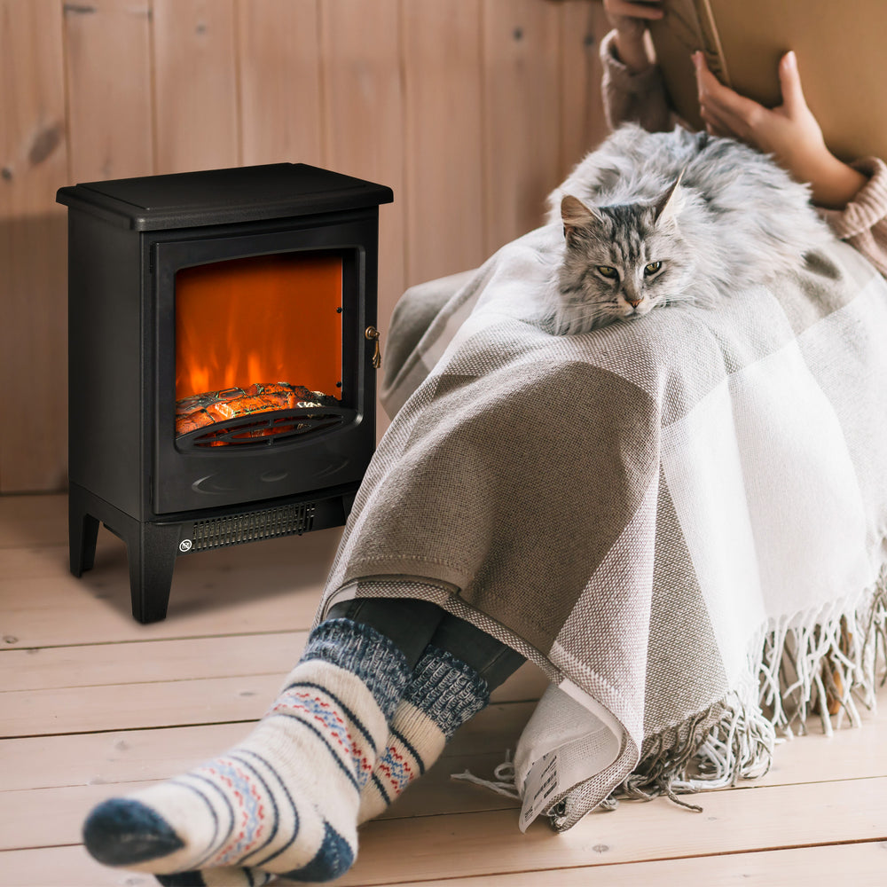 black electric stove fire with tempered glass front
