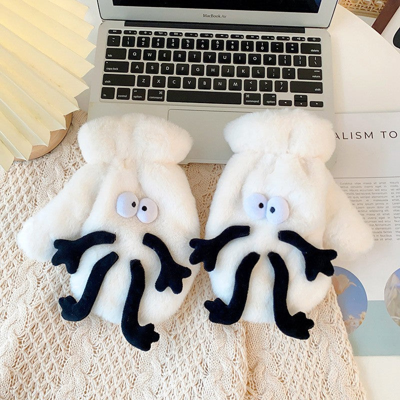 Fluffy white mittens with cartoon face and arms