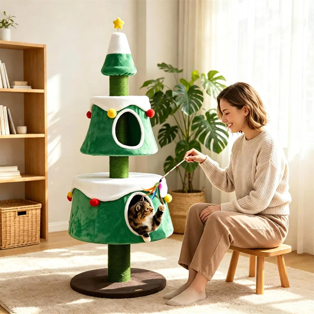 Christmas tree shaped cat tree with condos