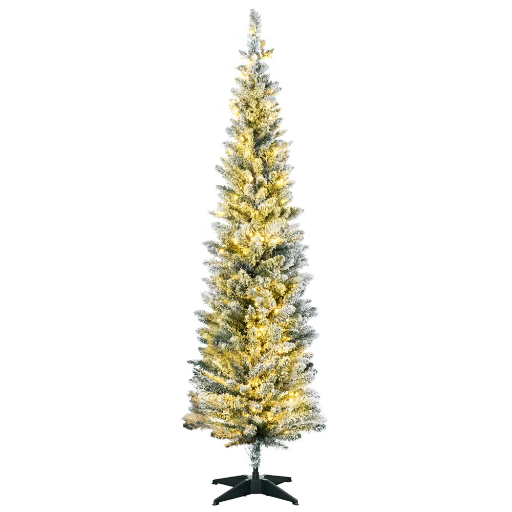 Slim white-flocked pencil tree with warm lights