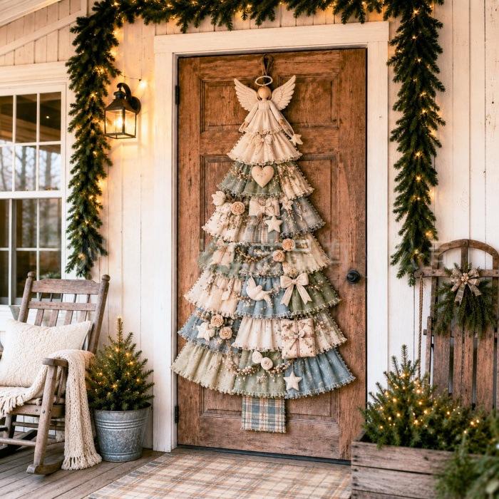 Patchwork Christmas tree hanging on a front door