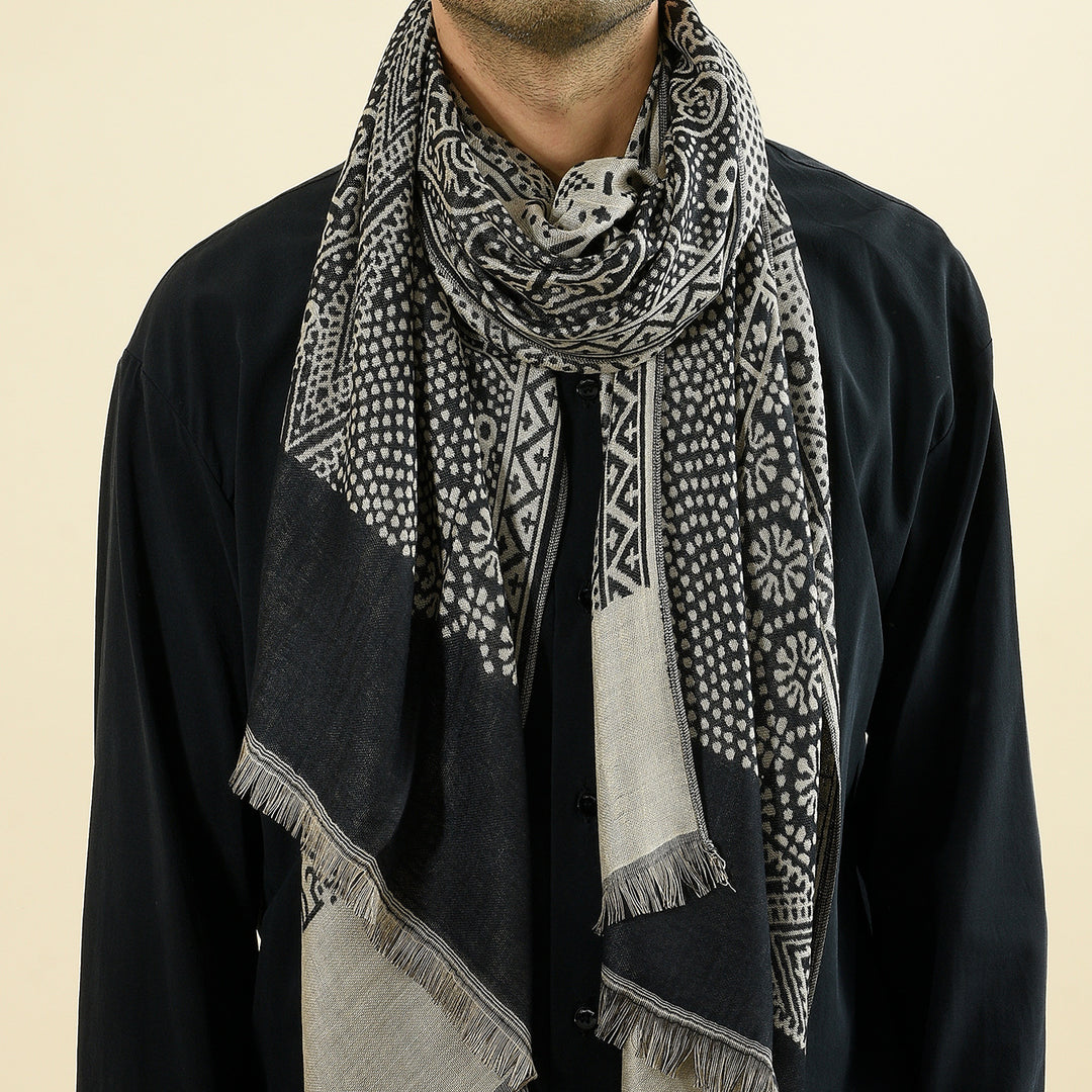 Navy jacquard woven scarf with fringe