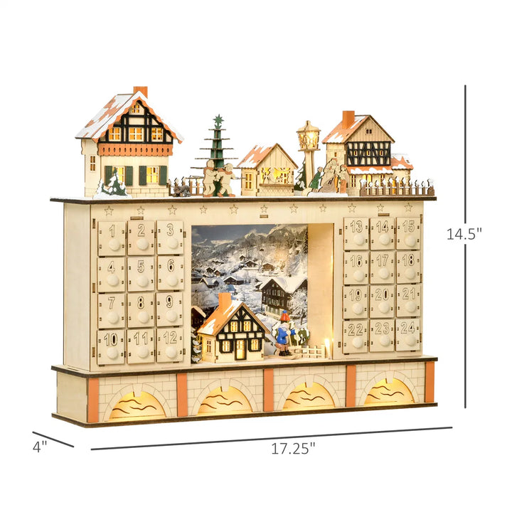 Wooden Christmas village advent calendar lit up