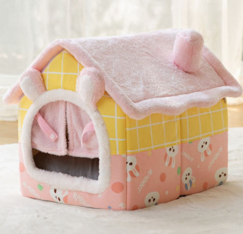 Foldable Dog House Bed With Warm Enclosed Cave Design