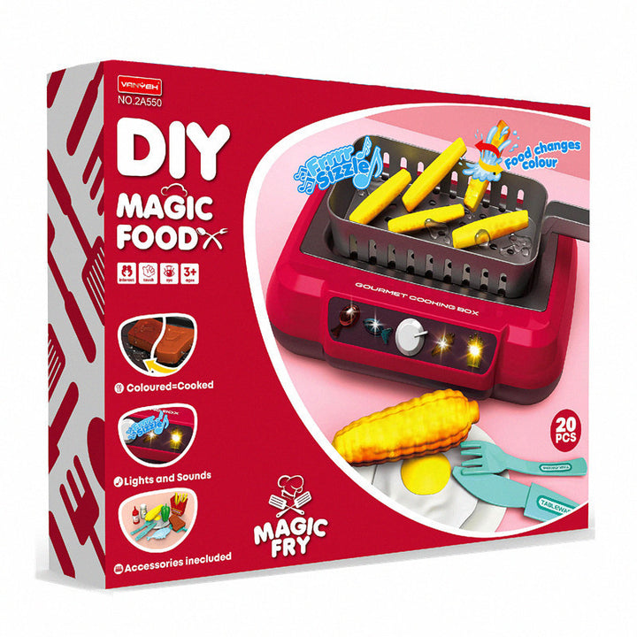 Toy kitchen hob with play food and utensils