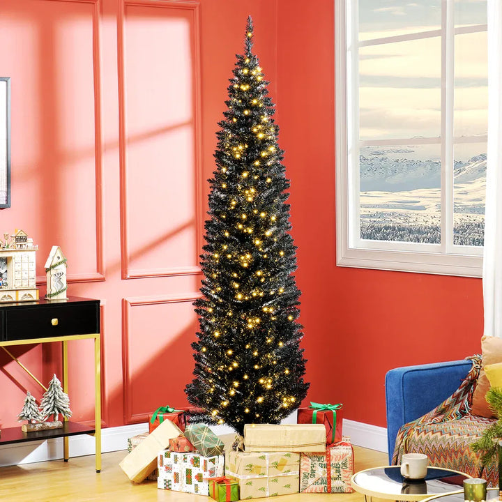 Black slim pencil tree with warm lights