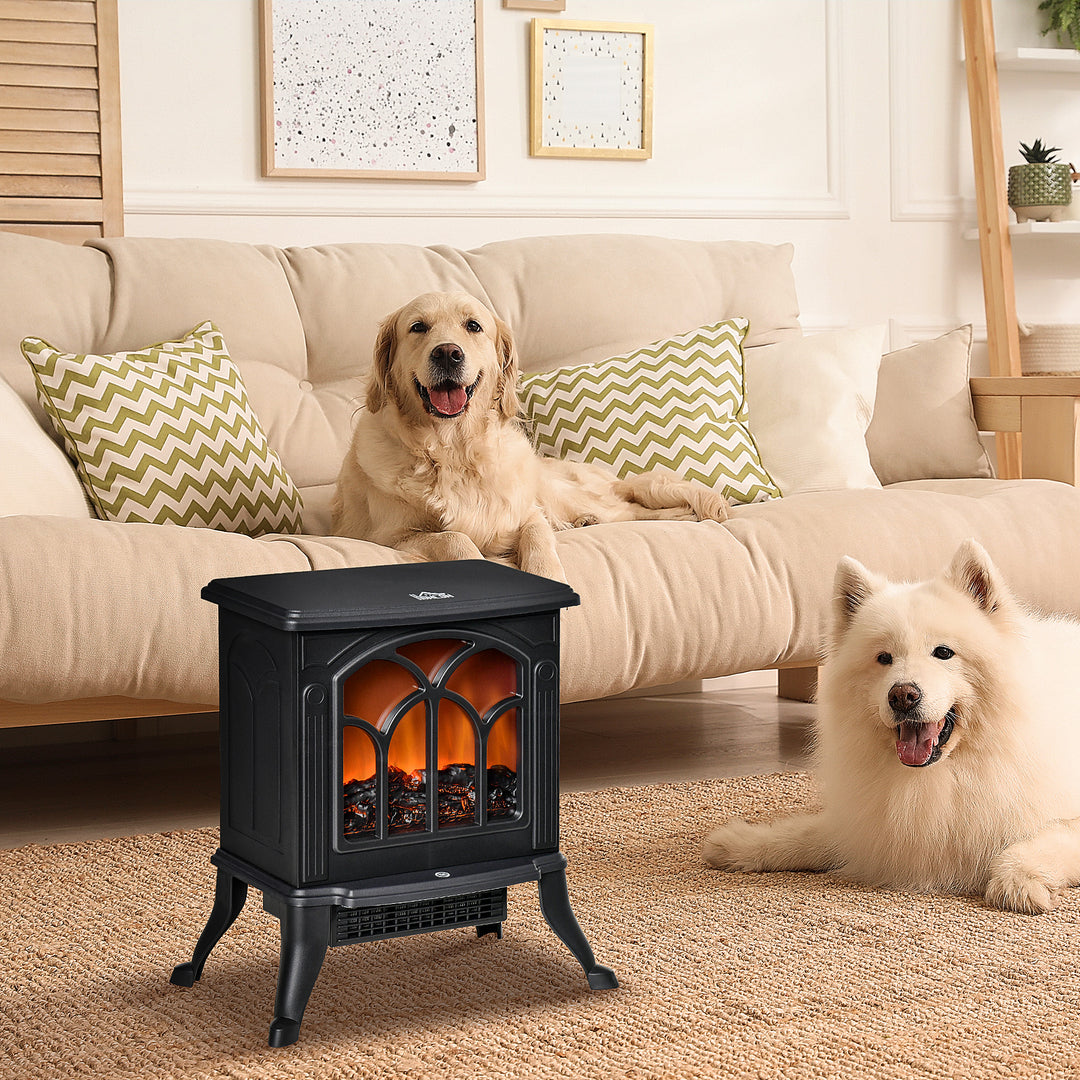 black compact electric stove with log flame effect