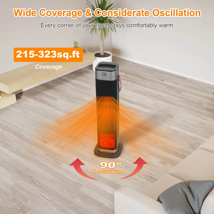 Black tower heater with flame-effect window