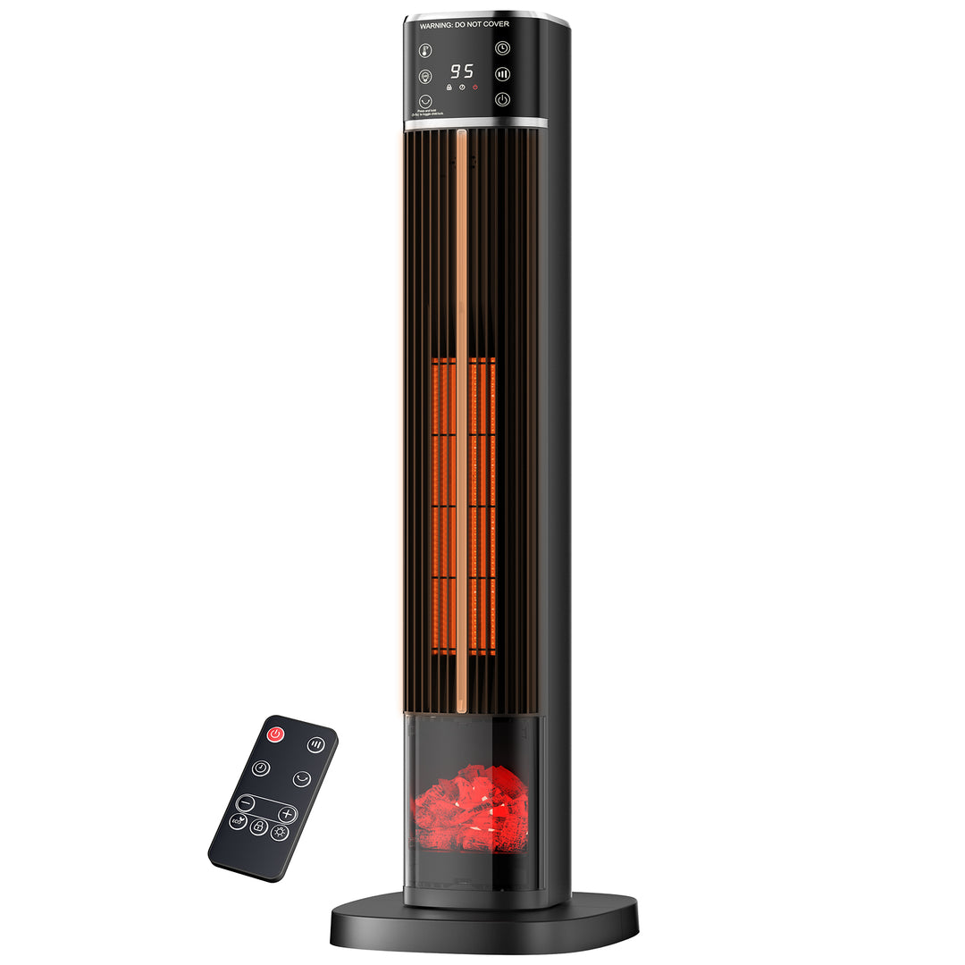 Tall ceramic tower heater with flame-effect panel